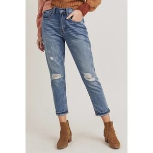 Risen High Waisted Crop Distressed Jeans Large Dark Wash